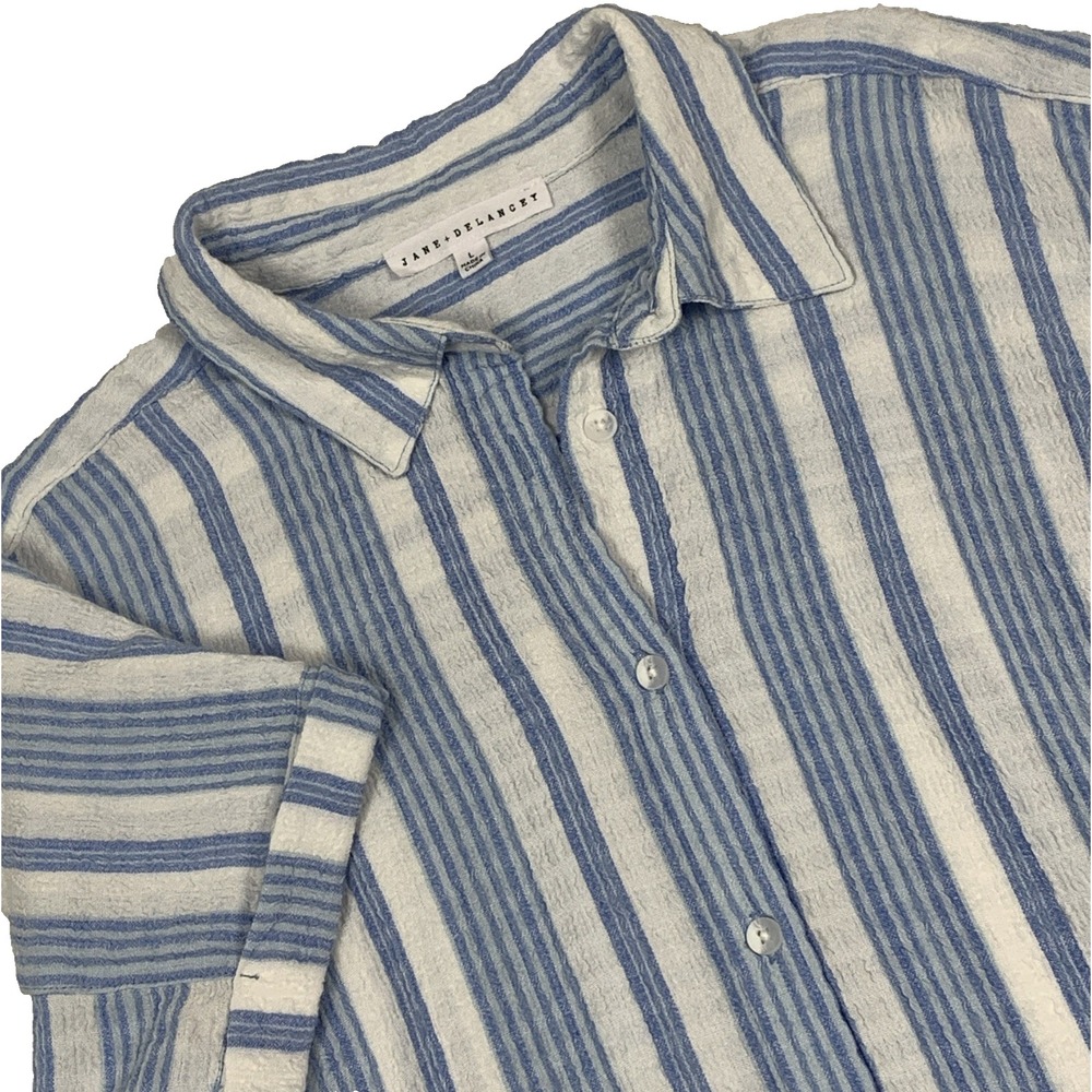 Jane + Delancey Women’s Blue & White Striped Button Down Shirt Size L Coastal